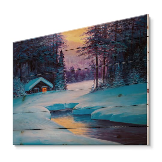 Designart - Old Cabin In Winter Forest II - Traditional Print on Natural Pine Wood